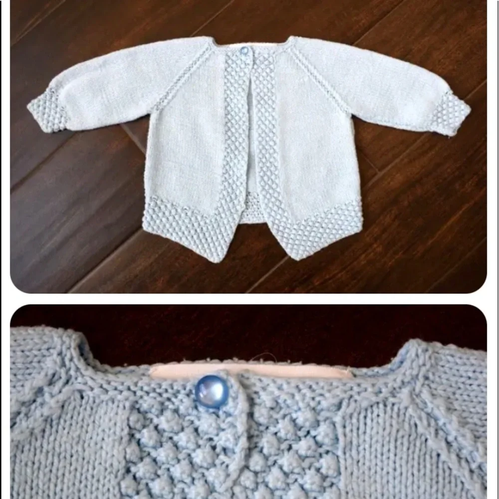 Handknitted  Baby Cardigan Sweater Baby blue w/One  Button Raglan sl. 3-… - Picture 4 of 7
